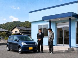 淡路島の自動車販売店前で、軽自動車を見ながら相談するフリーターの男性と販売スタッフ。自社ローンでの車購入をイメージした写真。