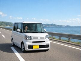 海沿いの道路を走る白い軽自動車。軽自動車からコンパクトカーへの乗り換えや、高速道路での走行性能・安定性を考えるイメージ。