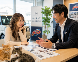 自然光が入る中古車販売店の店内で落ち着いた雰囲気の女性客がイケオジ風スタッフと笑顔で車の相談をしている安心感のある接客シーンとテーブル前でくつろぐ2匹の猫たち