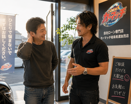 夕方の柔らかい光が入る中古車販売店の入口付近で少し安心した表情の中年男性がワイルドな男性スタッフと笑顔で相談している温かい接客シーン