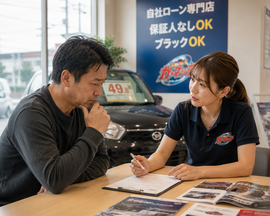 明るい中古車販売店の相談スペースで悩みを抱えた中年男性に綺麗な女性スタッフが真剣に寄り添いながら車やローンについて説明しているリアルな相談シーン