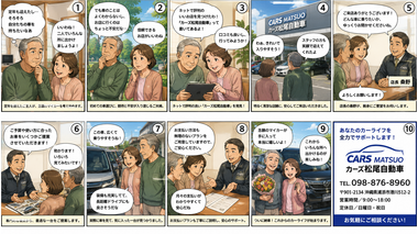 梅雨の雨の日もカーマッチへ。中古車購入体験をマンガで紹介 梅雨の雨の日もカーマッチへ。中古車購入体験をマンガで紹介