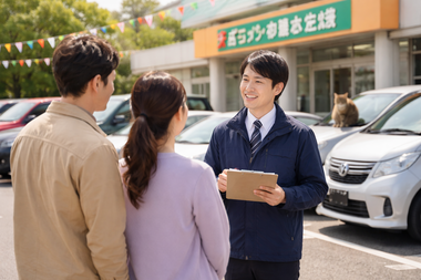 中古車販売店でスタッフとお客様が安心して車の相談をしている様子