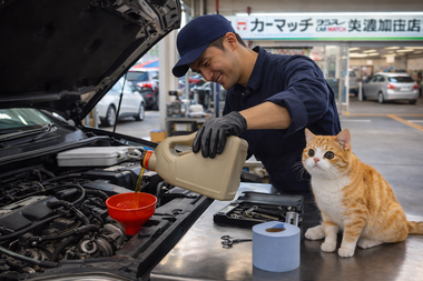 自動車整備工場で整備士がエンジンオイルを交換する作業中の様子と、作業台の上で見守る猫