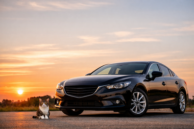 夕焼けの中で停車する車と、そばにちょこんと座る猫が写る年末のあいさつイメージ写真｜カーマッチ岐阜美濃加茂店