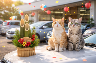自動車販売店の屋外で、新年の門松とともに車のボンネットに座る2匹の猫と展示車両が並ぶ風景 自動車販売店の屋外で、新年の門松とともに車のボンネットに座る2匹の猫と展示車両が並ぶ風景