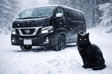 雪が降る冬の屋外で黒色の日産キャラバンの前に座るクロネコの写真|岐阜美濃加茂の雪景色 雪が降る冬の屋外で黒色の日産キャラバンの前に座るクロネコの写真|岐阜美濃加茂の雪景色