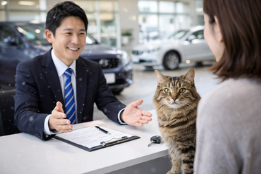 自動車販売店の敷地でスタッフが車のそばに立ち、近くで猫がくつろいでいる安心感のある風景|岐阜美濃加茂 自動車販売店の敷地でスタッフが車のそばに立ち、近くで猫がくつろいでいる安心感のある風景|岐阜美濃加茂