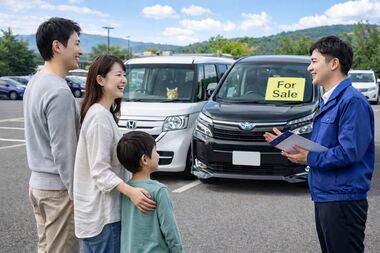 岐阜美濃加茂エリアで中古車を検討する家族と販売スタッフが相談している様子。ファミリーカーが並ぶ駐車場で安心して車選びをしている風景。 岐阜美濃加茂エリアで中古車を検討する家族と販売スタッフが相談している様子。ファミリーカーが並ぶ駐車場で安心して車選びをしている風景。