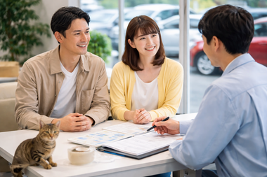 岐阜美濃加茂で自社ローンや中古車購入の相談をする笑顔のお客様とスタッフの様子