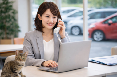 岐阜美濃加茂の自社ローン専門店で車の購入や買取について電話相談を受けるスタッフの様子