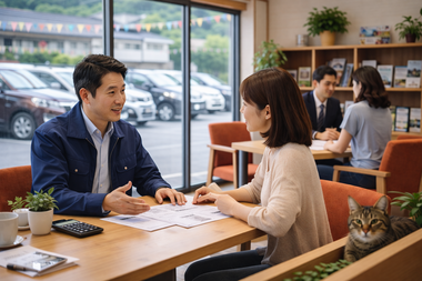 岐阜美濃加茂店で自社ローンや車買取についてスタッフが親身に相談対応している様子