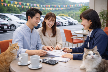 岐阜美濃加茂で自社ローンや車買取の相談をするお客様とスタッフの商談風景 岐阜美濃加茂で自社ローンや車買取の相談をするお客様とスタッフの商談風景
