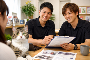 中古車の購入や買取について個別相談を行う販売店スタッフと来店客の様子