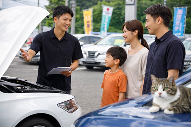 駐車場で家族のお客様に車を紹介するスタッフと商談を見守る猫のいる風景|カーマッチ岐阜美濃加茂店 駐車場で家族のお客様に車を紹介するスタッフと商談を見守る猫のいる風景|カーマッチ岐阜美濃加茂店