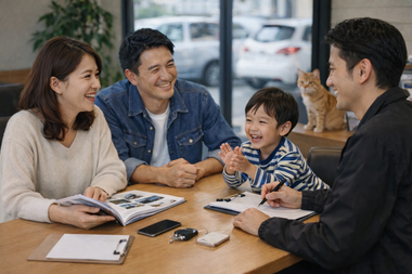 若いご夫婦と3歳くらいのお子さまが賑やかに商談する家族向け中古車相談の風景｜カーマッチ岐阜美濃加茂店