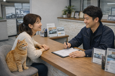 女性客が男性スタッフにカウンター越しで相談し、横で家族が見守る安心感のある商談風景｜カーマッチ岐阜美濃加茂店