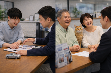 世代の異なるお客様が同時に安心して相談できる中古車店の店内商談風景｜カーマッチ岐阜美濃加茂店