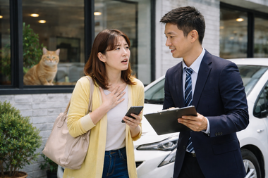 車の購入や売却の不安に寄り添うスタッフと相談する女性の店頭風景