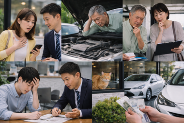 若い男性とご夫婦がそれぞれスタッフに相談している世代を問わず対応する中古車店の商談風景|カーマッチ岐阜美濃加茂店 若い男性とご夫婦がそれぞれスタッフに相談している世代を問わず対応する中古車店の商談風景|カーマッチ岐阜美濃加茂店