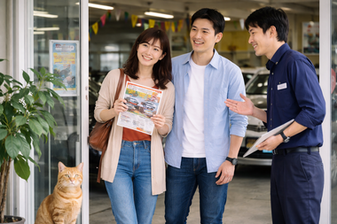 折込チラシを持って来店しスタッフに相談する夫婦の風景|カーマッチ岐阜美濃加茂店 折込チラシを持って来店しスタッフに相談する夫婦の風景|カーマッチ岐阜美濃加茂店