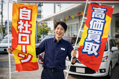 自社ローンと高価買取の幟を持って店舗前で笑顔で案内するスタッフの様子｜カーマッチ岐阜美濃加茂店