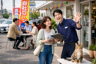 自社ローンと高価買取の案内をするスタッフと来店客の店舗前風景|カーマッチ岐阜美濃加茂店 自社ローンと高価買取の案内をするスタッフと来店客の店舗前風景|カーマッチ岐阜美濃加茂店