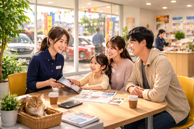 店内で女性スタッフがファミリーと自社ローン・車買取相談を行う様子｜カーマッチ岐阜美濃加茂店