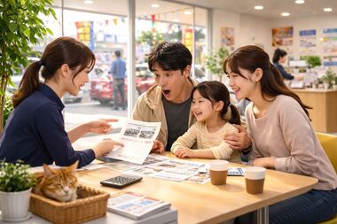 女性スタッフが高額査定を説明し驚く家族の店内商談風景｜カーマッチ岐阜美濃加茂店