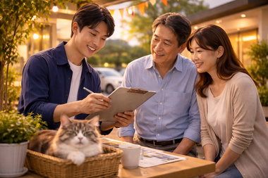夕暮れの店舗前で笑顔の商談を行う男性スタッフとご夫婦|地域循環型自社ローン・高価買取の相談風景 夕暮れの店舗前で笑顔の商談を行う男性スタッフとご夫婦|地域循環型自社ローン・高価買取の相談風景