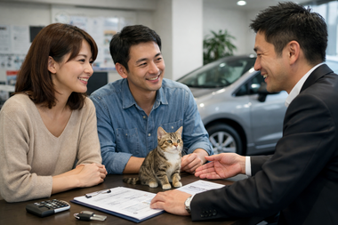 岐阜県中濃エリアの地域密着型中古車販売・買取店で安心して相談するお客様の様子