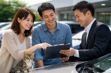 美濃加茂市の地域密着型中古車販売・車買取店で青空の下相談するお客様の様子