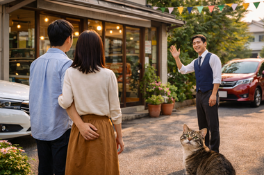 車屋に入りづらいと感じるカップルを笑顔で迎える地域密着の中古車販売店の風景