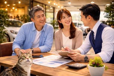 中古車販売店の店内で父と娘が車の売却や購入相談をするシーン