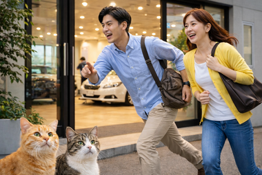 車の購入相談に急いで来店するカップルと中古車販売店のイメージ