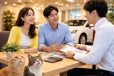 中古車販売店の店内で車の購入や売却をまとめて相談するお客様とスタッフのシーン