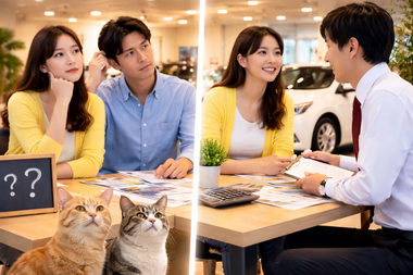 中古車販売店で比較検討から納得して相談するお客様とスタッフのシーン