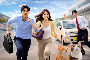 急ぎで車が必要なカップルが中古車販売店に向かい納車相談をするイメージ