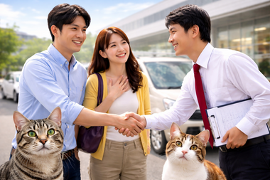 中古車販売店で信頼関係から契約が決まるお客様とスタッフの握手シーン