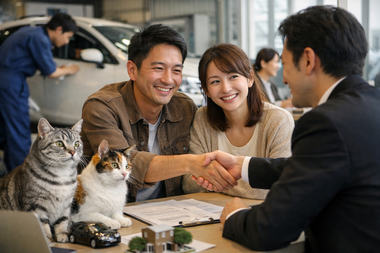 中古車販売店で自社ローンや査定相談を経て契約が決まるお客様とスタッフのシーン 中古車販売店で自社ローンや査定相談を経て契約が決まるお客様とスタッフのシーン