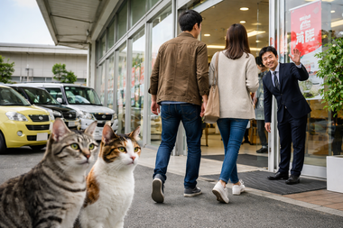 中古車販売店に来店するカップルをスタッフが出迎えるシーンとサバトラと三毛猫