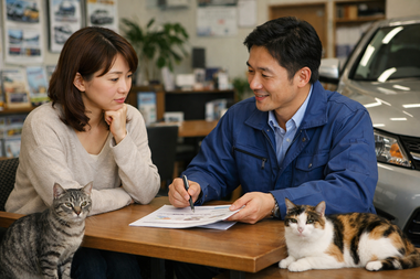 中古車販売店で車の購入や自社ローンについて相談する女性とスタッフと自然に寄り添う猫たち 中古車販売店で車の購入や自社ローンについて相談する女性とスタッフと自然に寄り添う猫たち