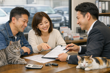 中古車販売店で車の購入や自社ローンについて説明を受けながら納得していくお客様とスタッフとサバトラと三毛猫