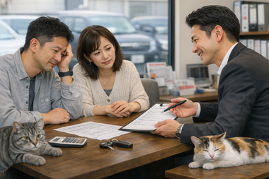 中古車販売店で車の売却や購入について相談し説明を受けるお客様とスタッフと自然にいるサバトラと三毛猫