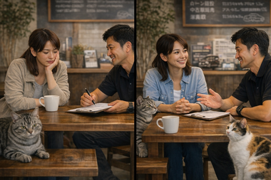 中古車購入と車買取の相談を安心して進めるお客様とスタッフの商談風景