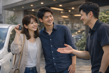 中古車購入の相談後に納車を迎えたお客様とスタッフの笑顔あふれるシーン 中古車購入の相談後に納車を迎えたお客様とスタッフの笑顔あふれるシーン