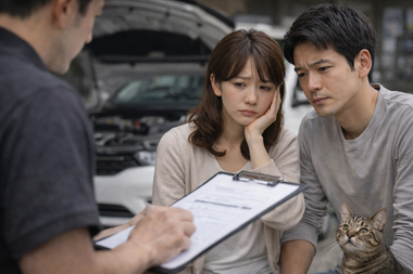 車の購入や売却について不安を感じながらも相談しているお客様とスタッフのリアルな商談風景