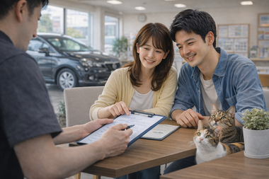 明るい店内で車の購入や売却について前向きに相談するお客様とスタッフの自然な商談風景