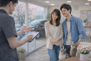 春らしい明るい店内で車の売却や購入について前向きに相談するお客様とスタッフの自然な商談風景 春らしい明るい店内で車の売却や購入について前向きに相談するお客様とスタッフの自然な商談風景