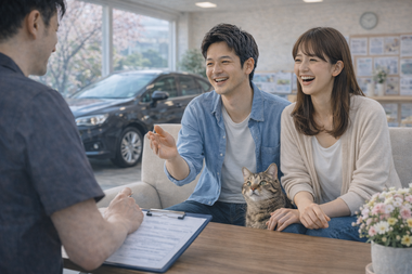 春の明るい店内で笑顔で会話が弾みながら車の購入や売却について安心して相談するお客様とスタッフの商談風景